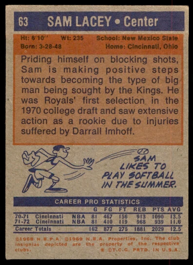1972-73 Topps Basketball Card Sam Lacey KC-Omaha Kings #63