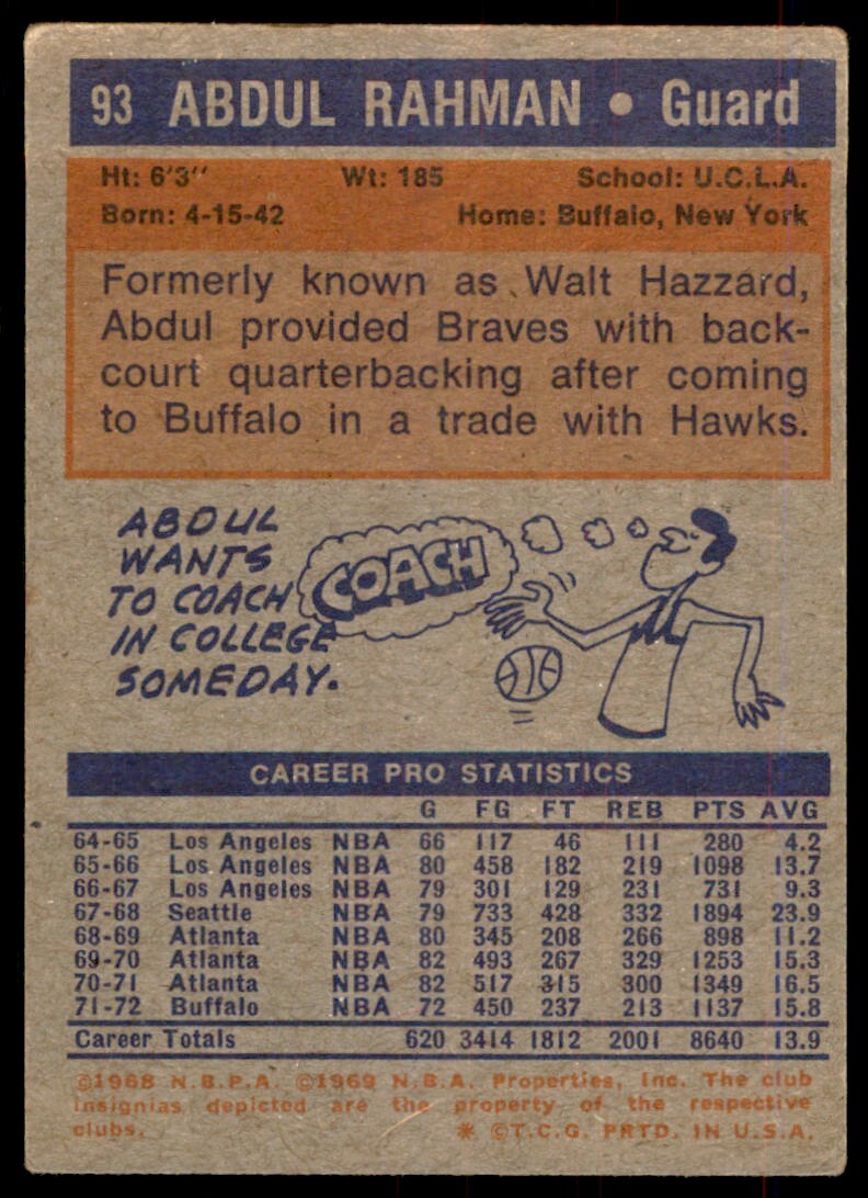 1972-73 Topps Basketball Card Abdul-Rahman B Buffalo Braves #93
