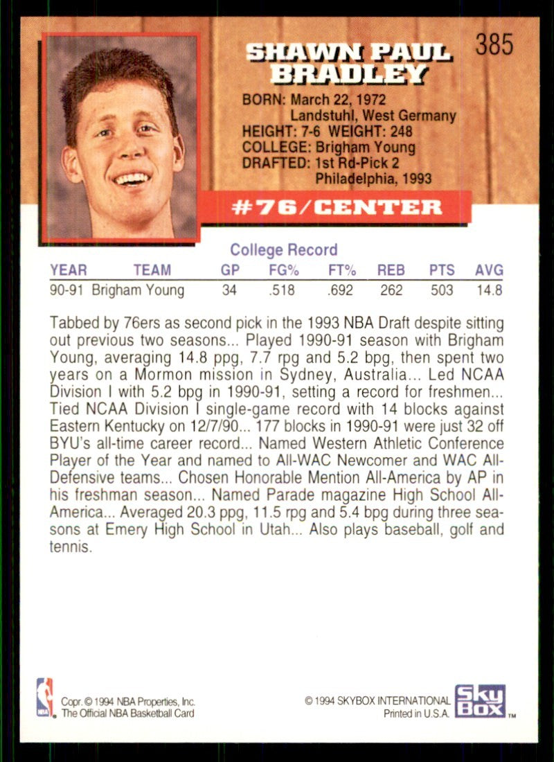 1993-94 NBA Hoops Shawn Bradley Basketball cards #385