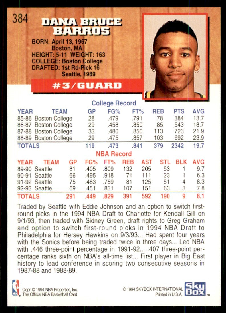 1993-94 NBA Hoops Dana Barros Basketball cards #384