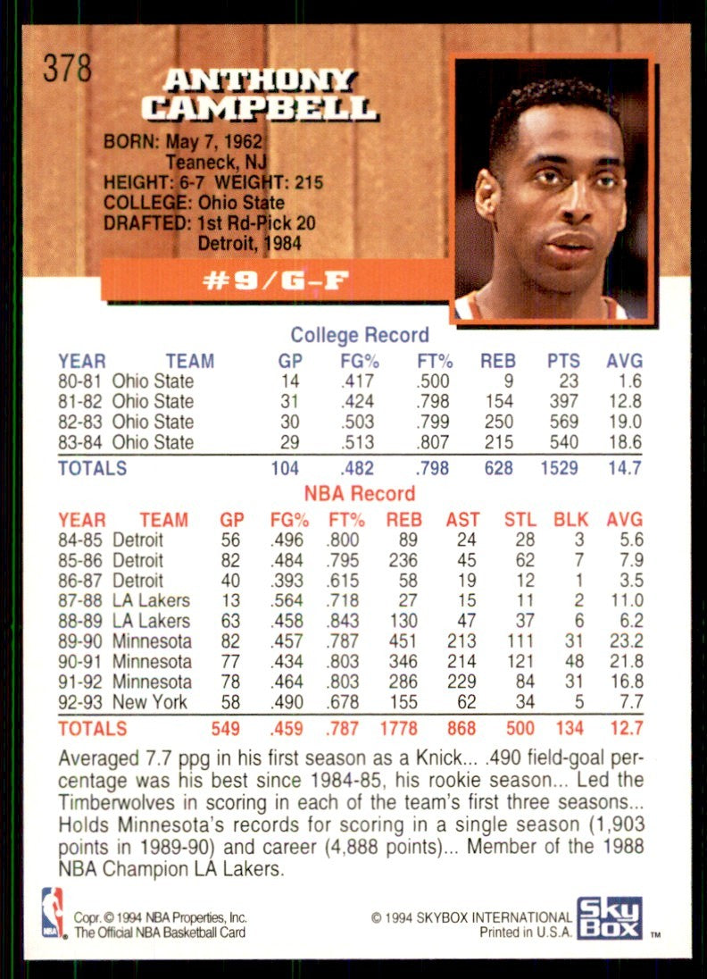 1993-94 NBA Hoops Tony Campbell Basketball cards #378