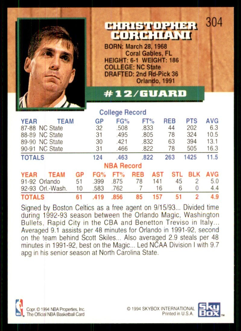 1993-94 Hoops Chris Corchiani Basketball Cards #304