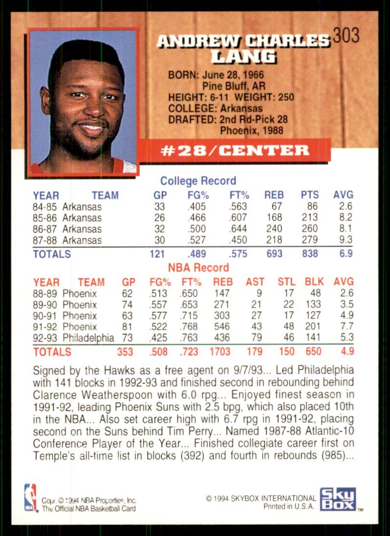 1993-94 Hoops Andrew Lang Basketball Cards #303