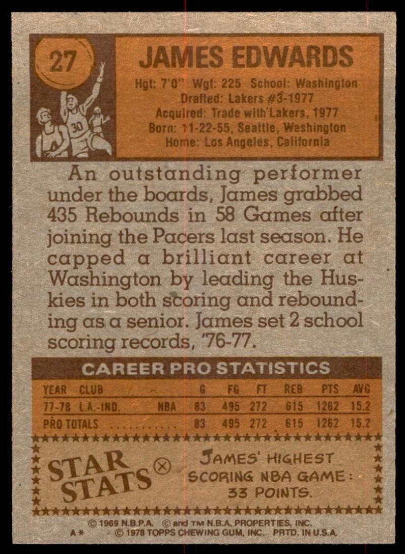 1978-79 Topps Basketball Card James Edwards AF Indiana Pacers #27