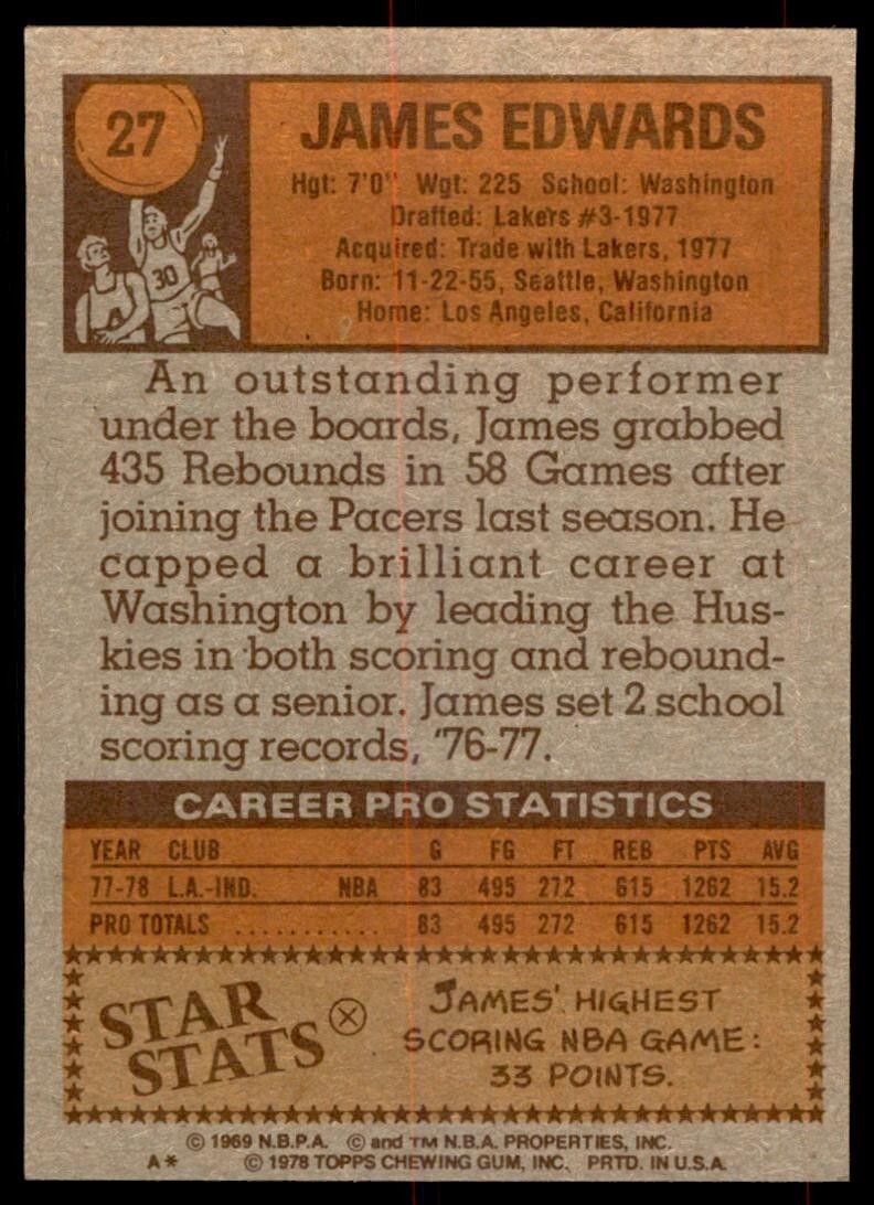 1978-79 Topps Basketball Card James Edwards AG Indiana Pacers #27