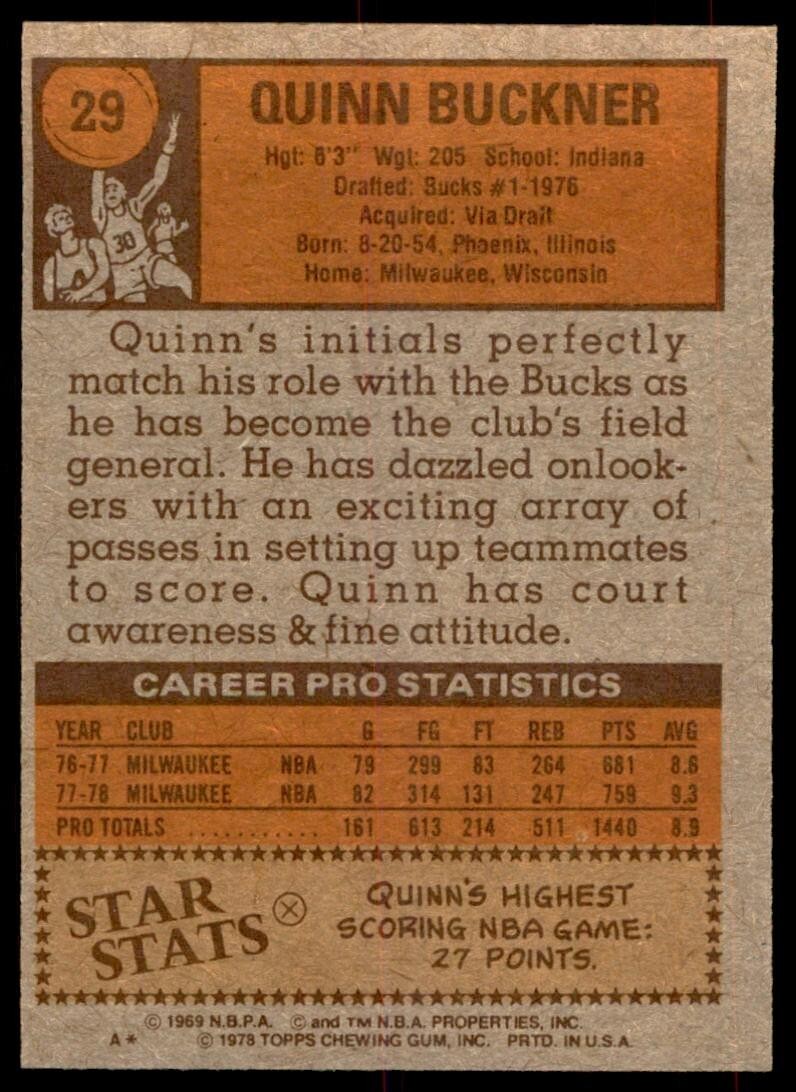 1978-79 Topps Basketball Card Quinn Buckner P Milwaukee Bucks #29