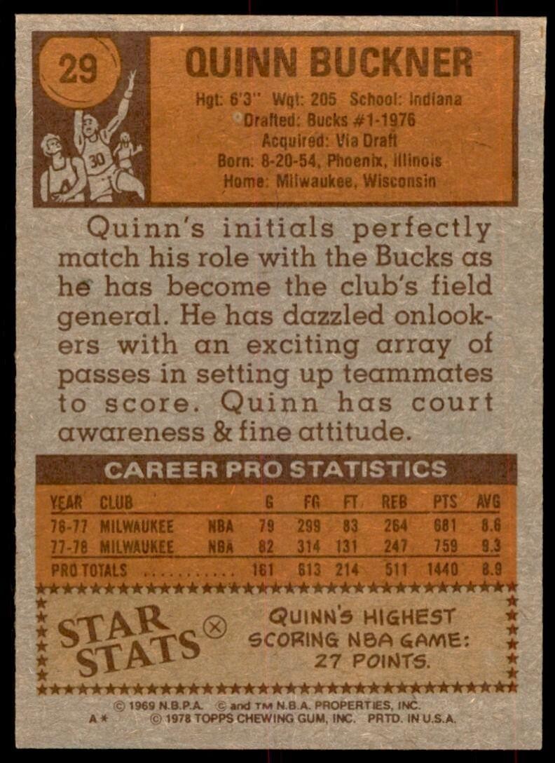 1978-79 Topps Basketball Card Quinn Buckner S Milwaukee Bucks #29