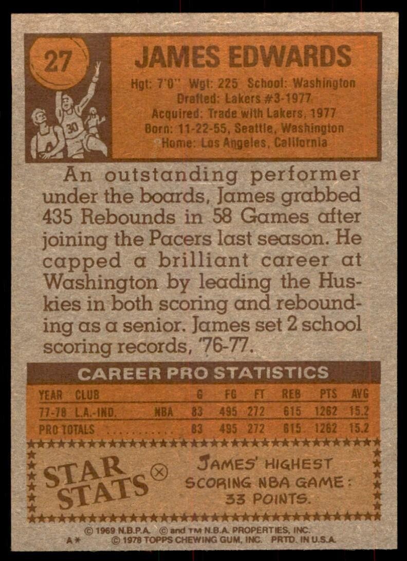 1978-79 Topps Basketball Card James Edwards C Indiana Pacers #27