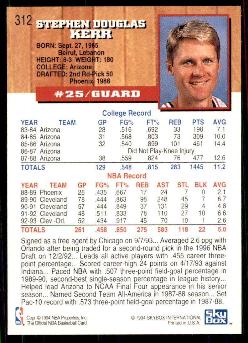 1993-94 Hoops Steve Kerr (101) Basketball Cards #312