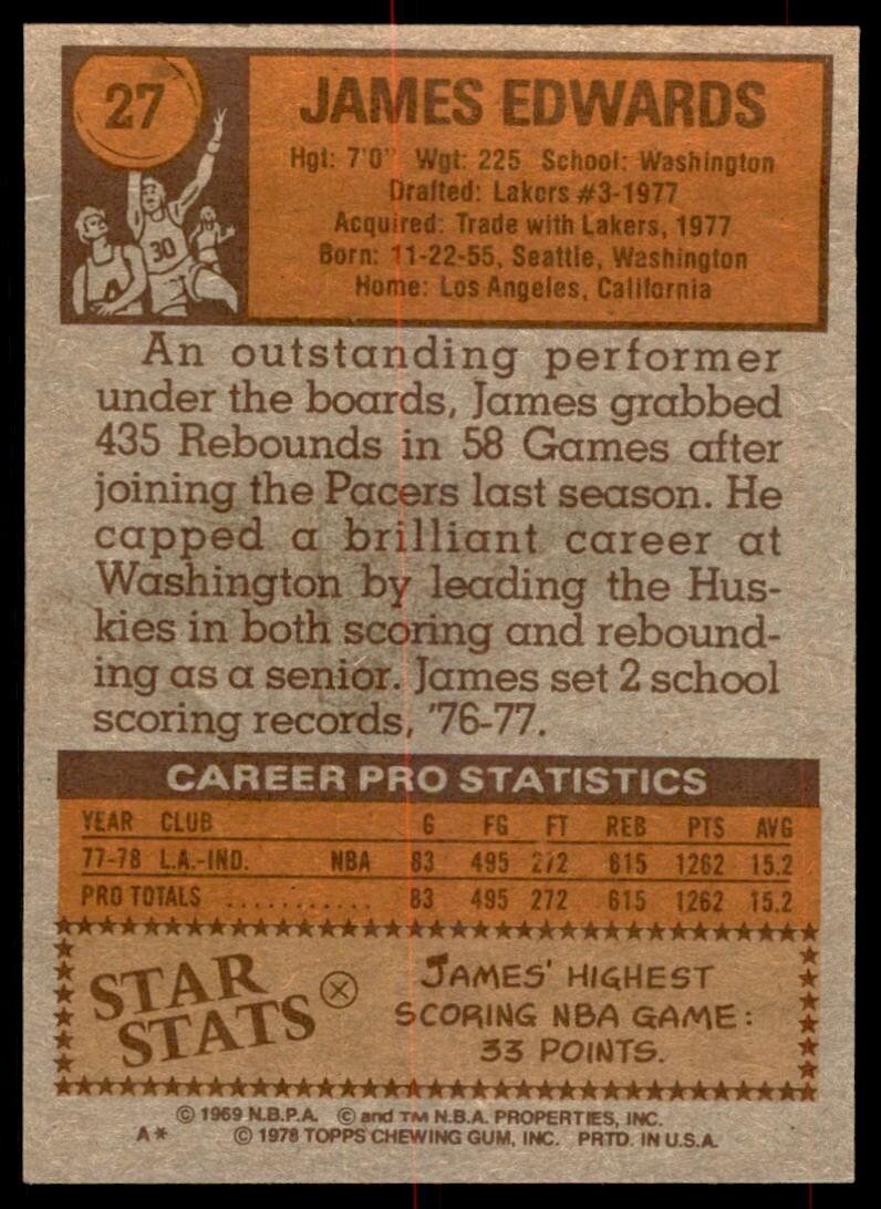 1978-79 Topps Basketball Card James Edwards J Indiana Pacers #27