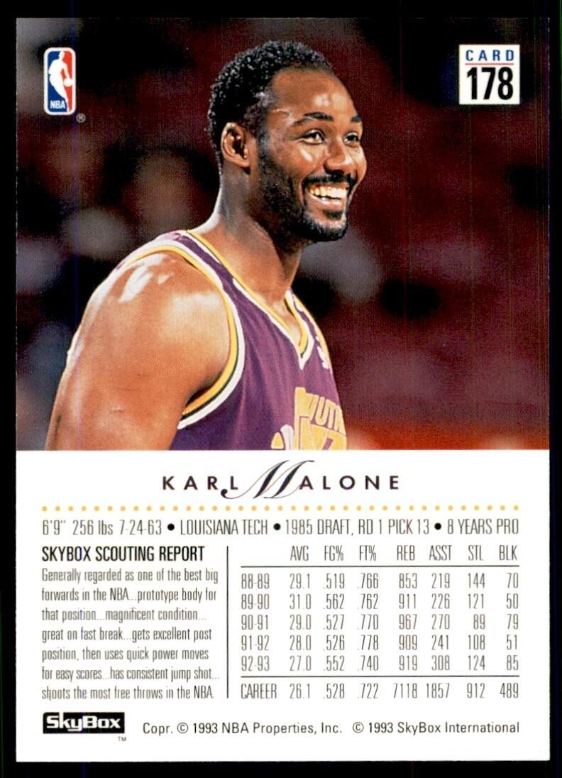 1993-94 SkyBox Basketball Card Karl Malone Utah Jazz #178