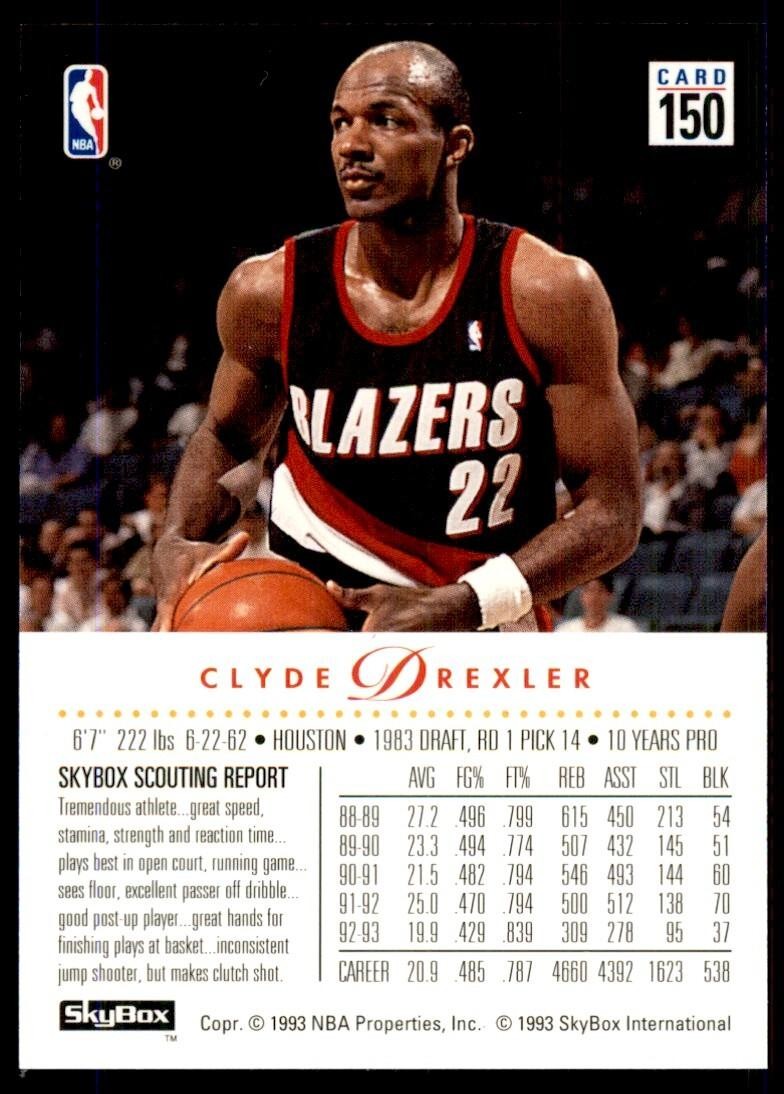 1993-94 SkyBox Basketball Card Clyde Drexler Portland Trail Blazers #150