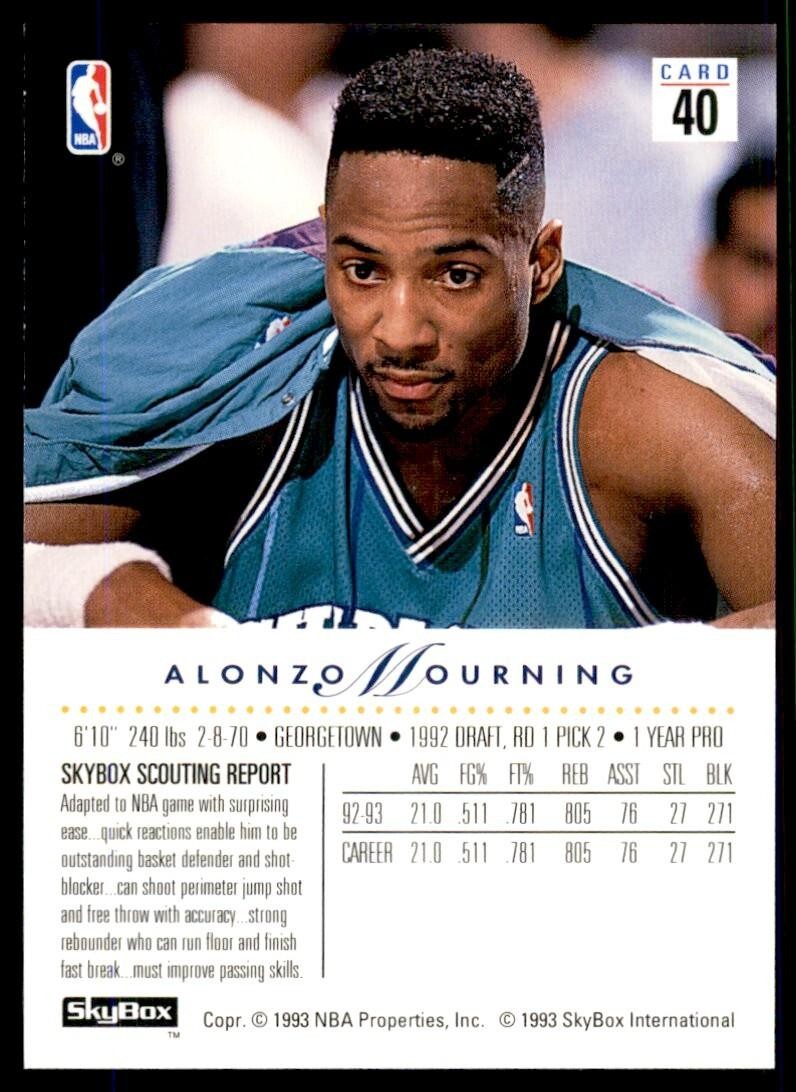 1993-94 SkyBox Basketball Card Alonzo Mourning Charlotte Hornets #40