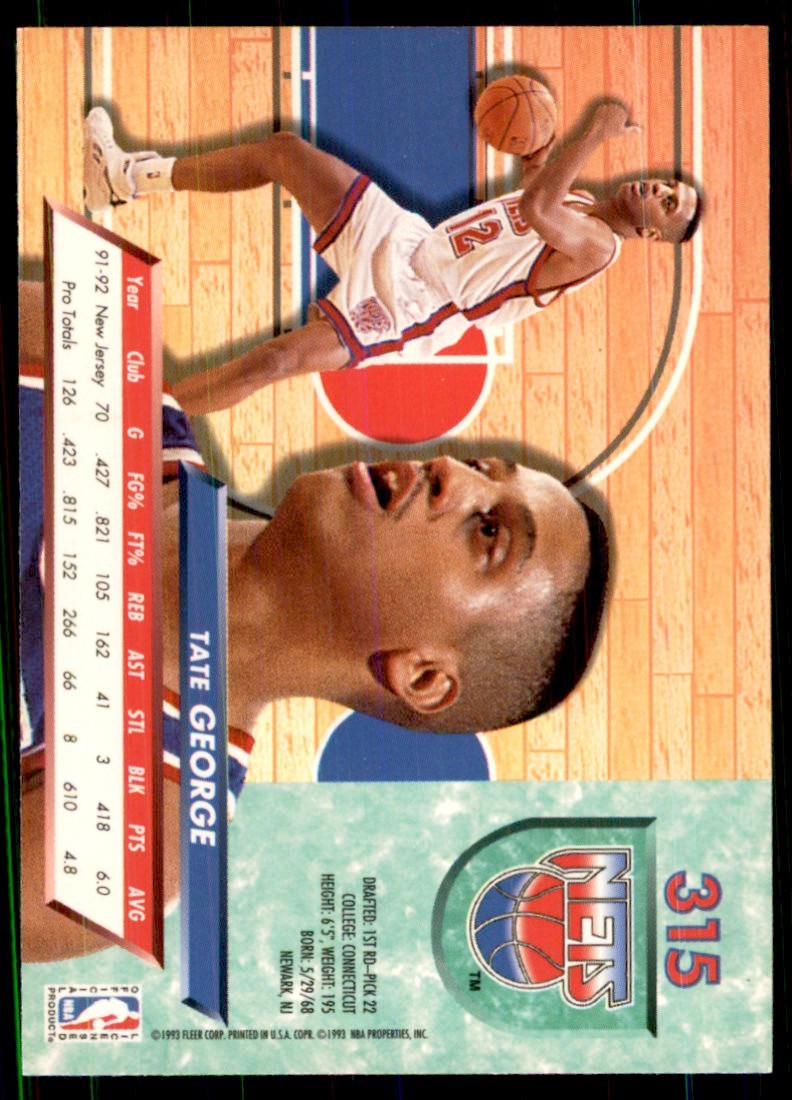 1992-93 Fleer Ultra Cards Tate George (100) Basketball Cards #315