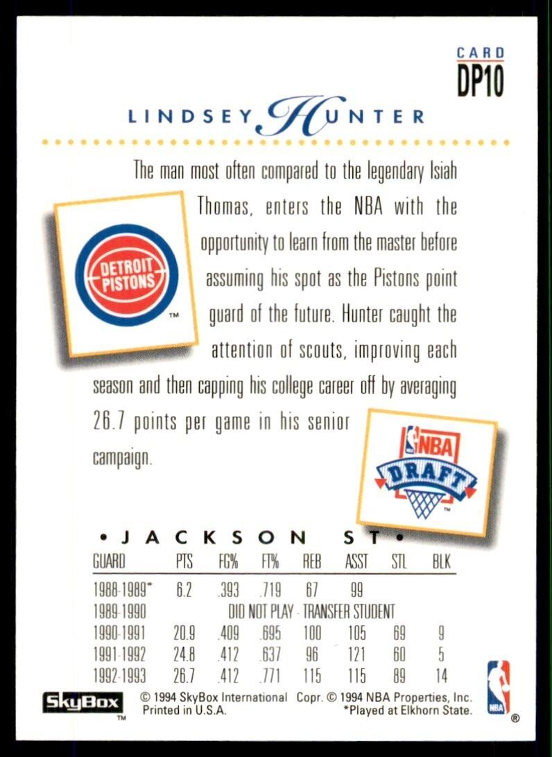 1993-94 SkyBox Basketball Card Lindsey Hunter Detroit Pistons #DP10