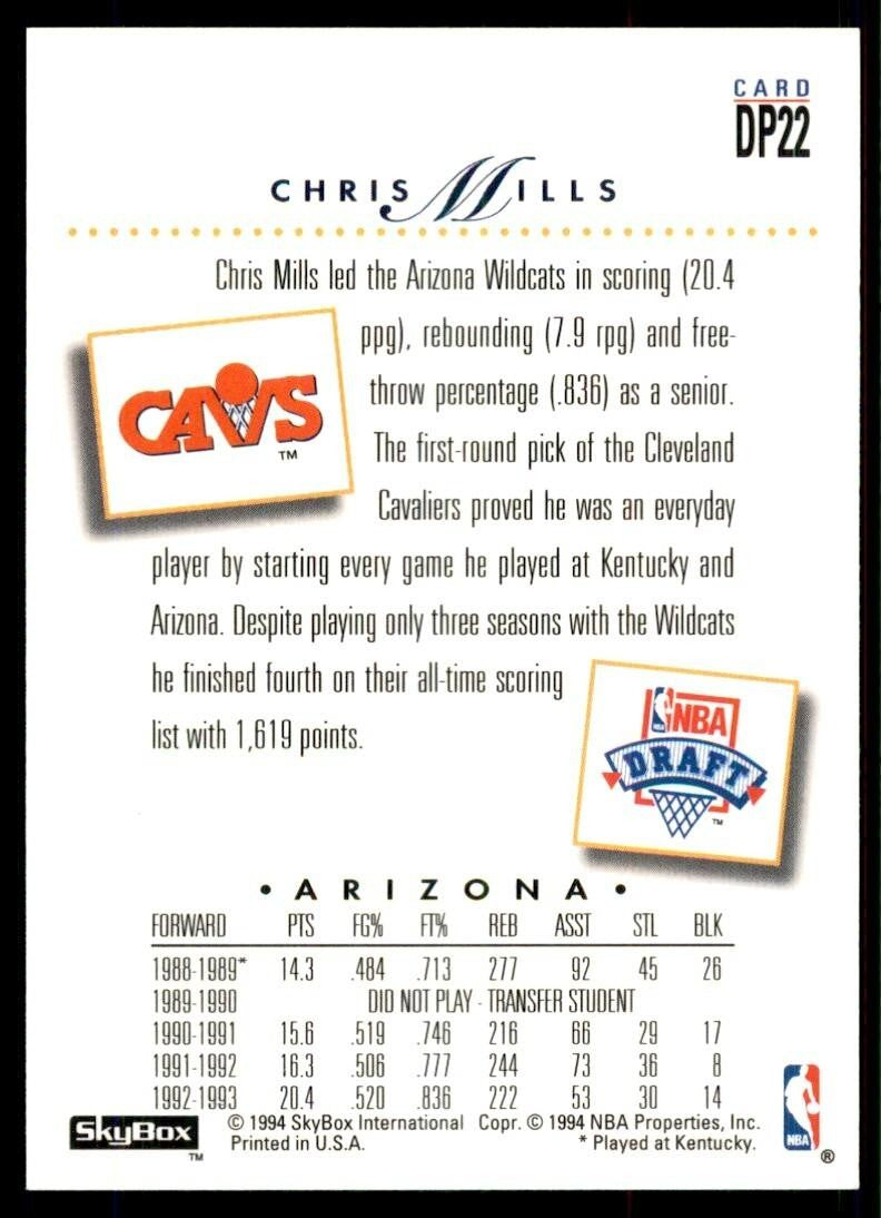 1993-94 SkyBox Basketball Card Chris Mills Cleveland Cavaliers #DP22