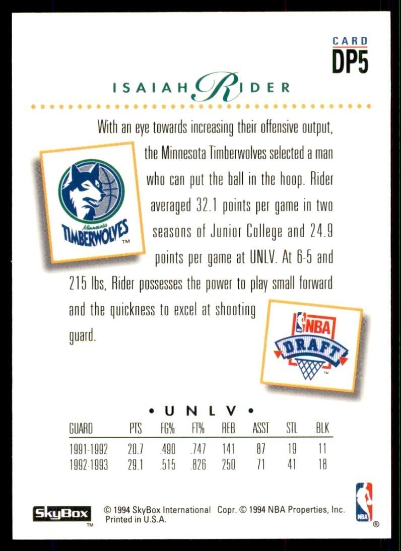 1993-94 SkyBox Basketball Card Isaiah Rider Minnesota Timberwolves #DP5