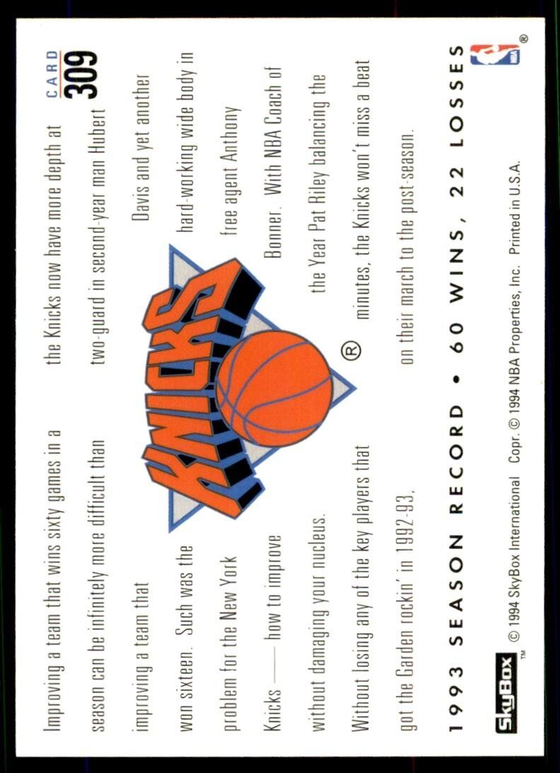 1993-94 SkyBox Basketball Card Hubert Davis/Anthony Bonner New York Knicks #309