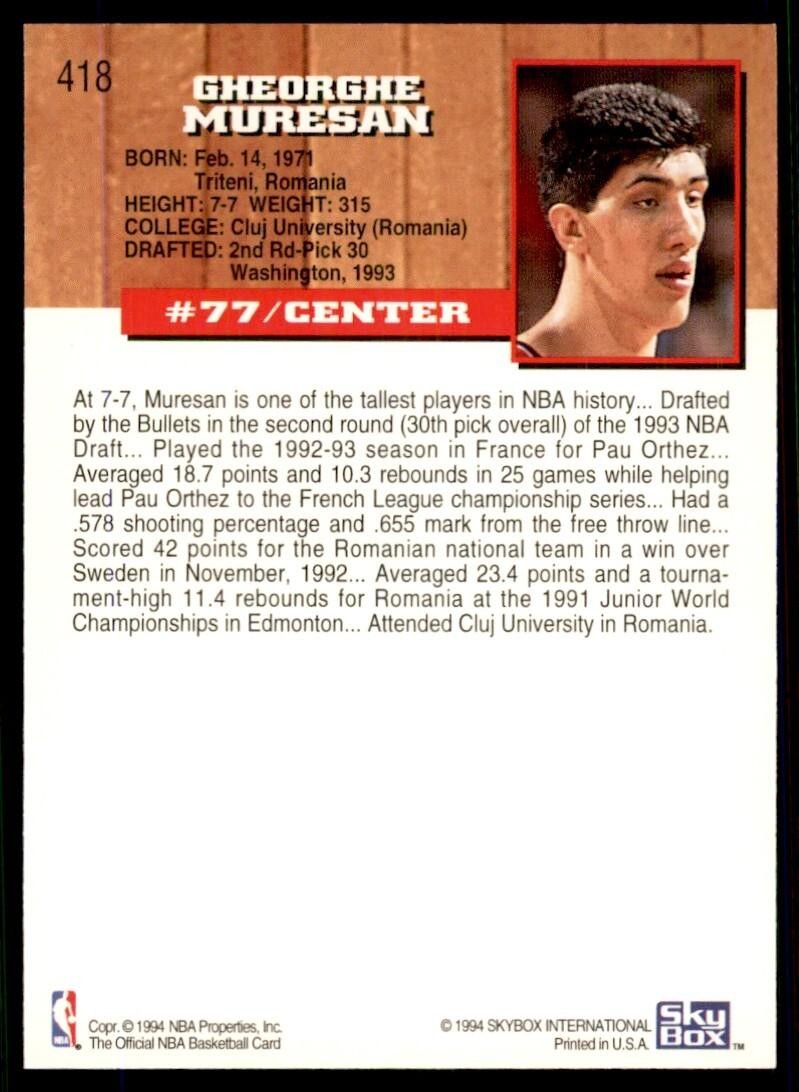 1993-94 NBA Hoops Basketball Card Gheorghe Muresan Washington Bullets #418