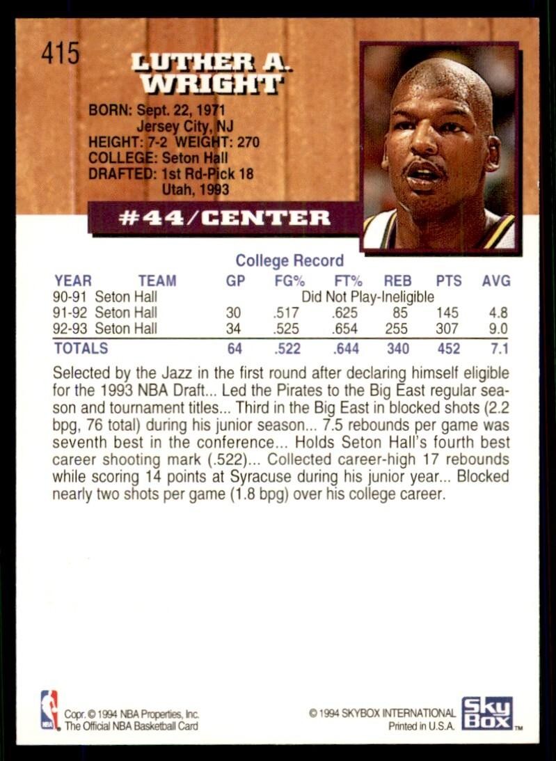 1993-94 NBA Hoops Basketball Card Luther Wright Rookie Utah Jazz #415