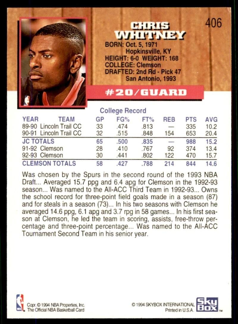 1993-94 NBA Hoops Basketball Card Chris Whitney San Antonio Spurs #406