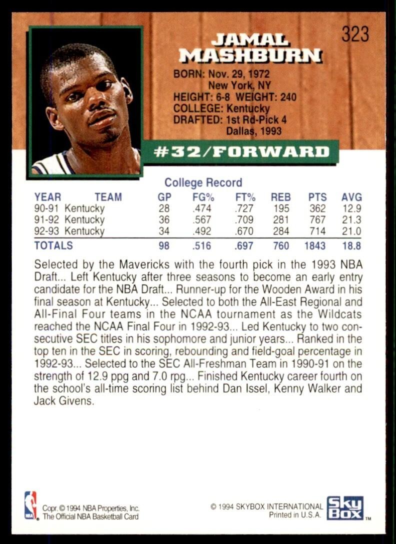 1993-94 NBA Hoops Basketball Card Jamal Mashburn Rookie Dallas Mavericks #323