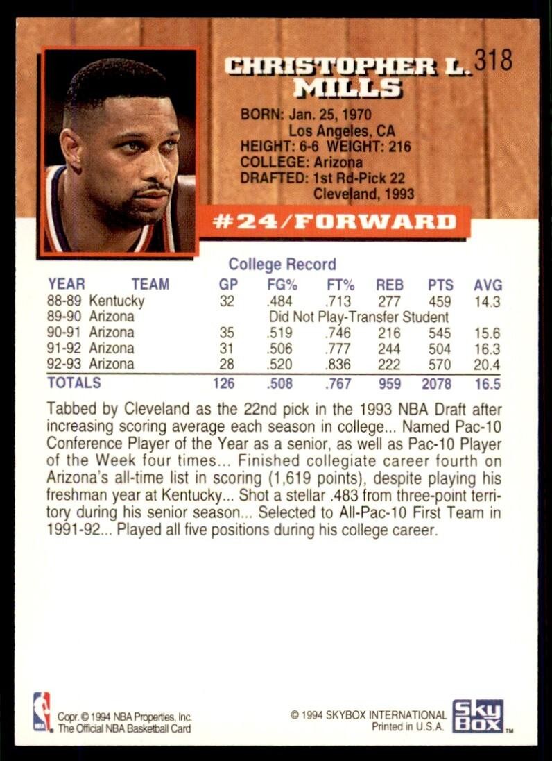 1993-94 NBA Hoops Basketball Card Chris Mills Cleveland Cavaliers #318