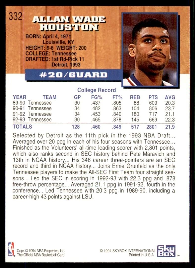 1993-94 NBA Hoops Basketball Card Allan Houston A Detroit Pistons #332