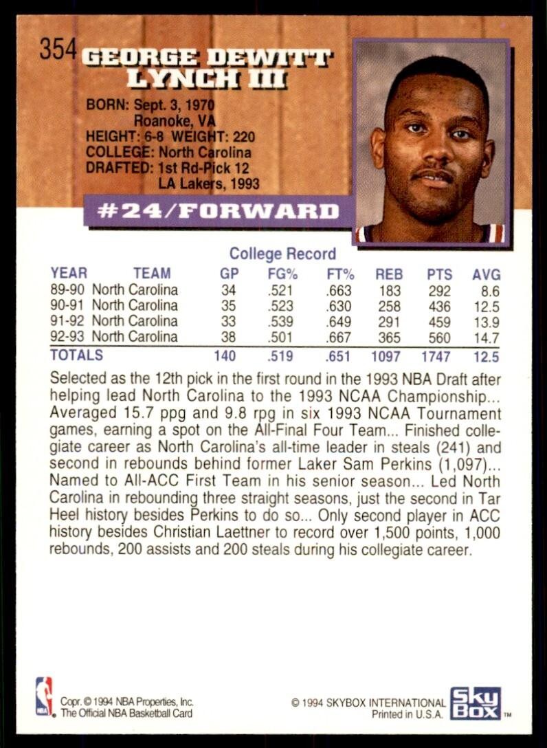 1993-94 NBA Hoops Basketball Card George Lynch A Los Angeles Lakers #354