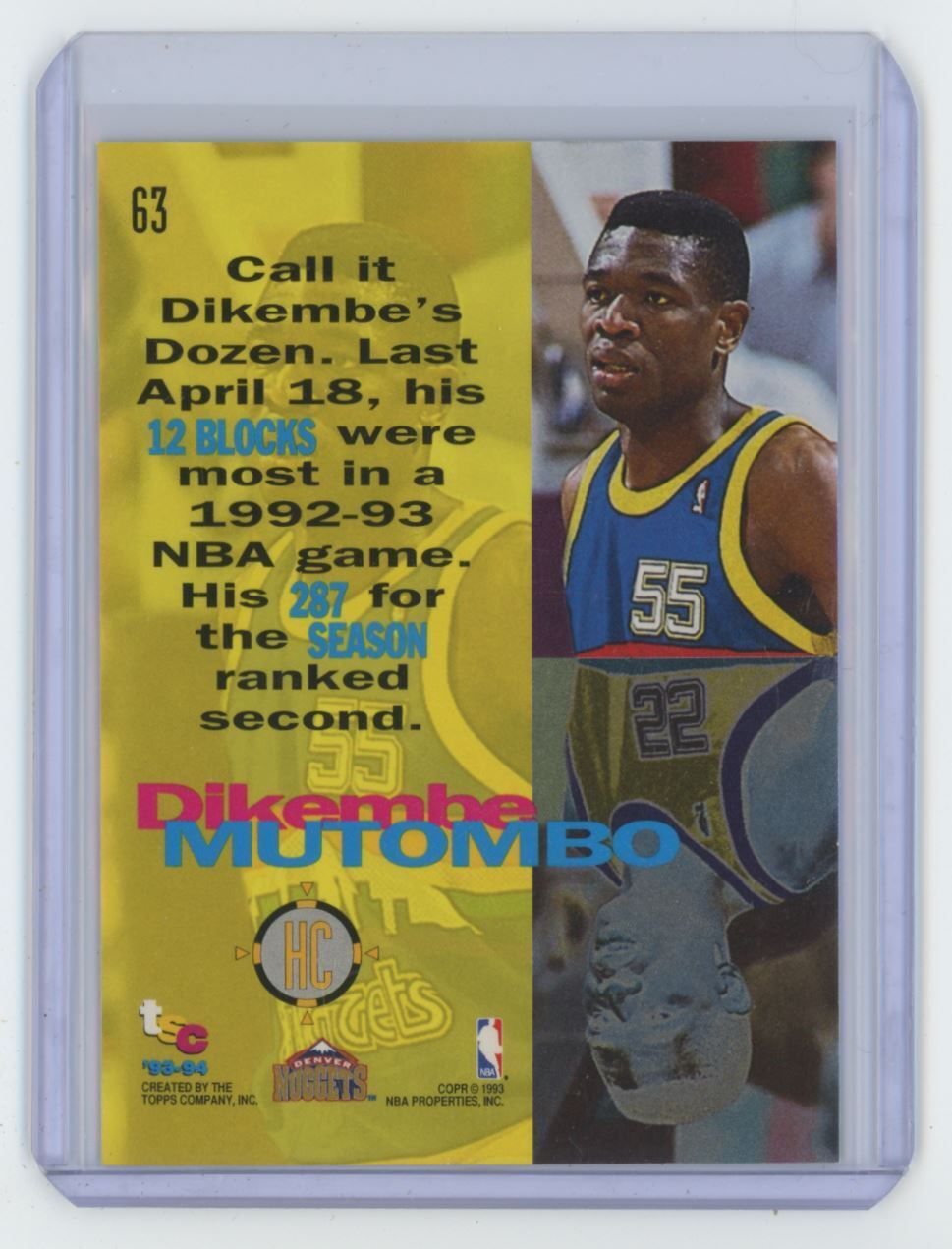 1993-94 Stadium Club Basketball Card Dikembe Mutombo B Denver Nuggets #63