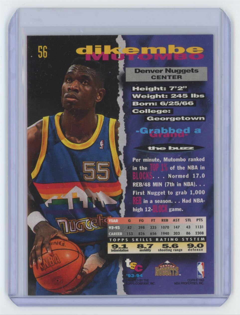 1993-94 Stadium Club Basketball Card Dikembe Mutombo Denver Nuggets #56