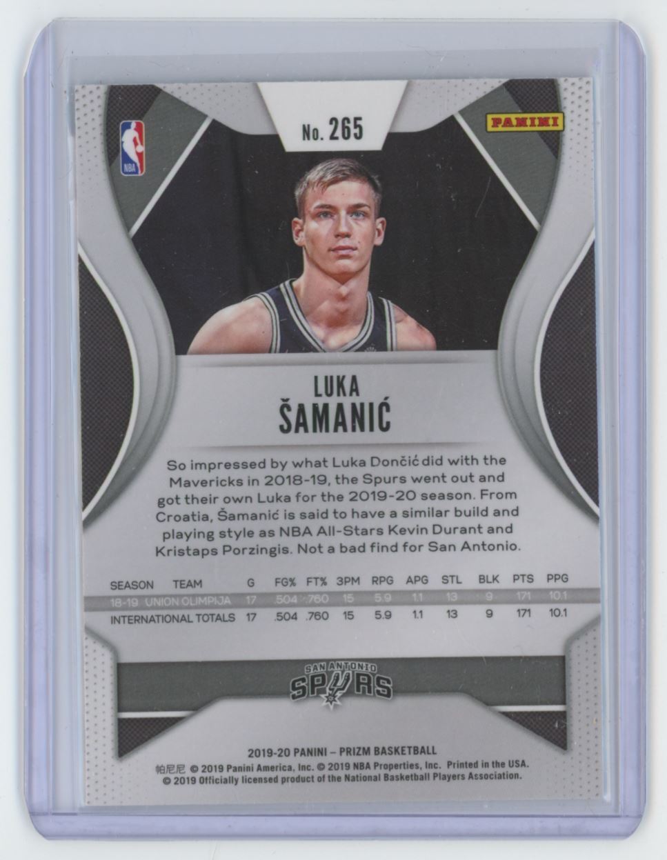 2019-20 Panini Prizm Basketball Card Luka Samanic Rookie San Antonio Spurs #265
