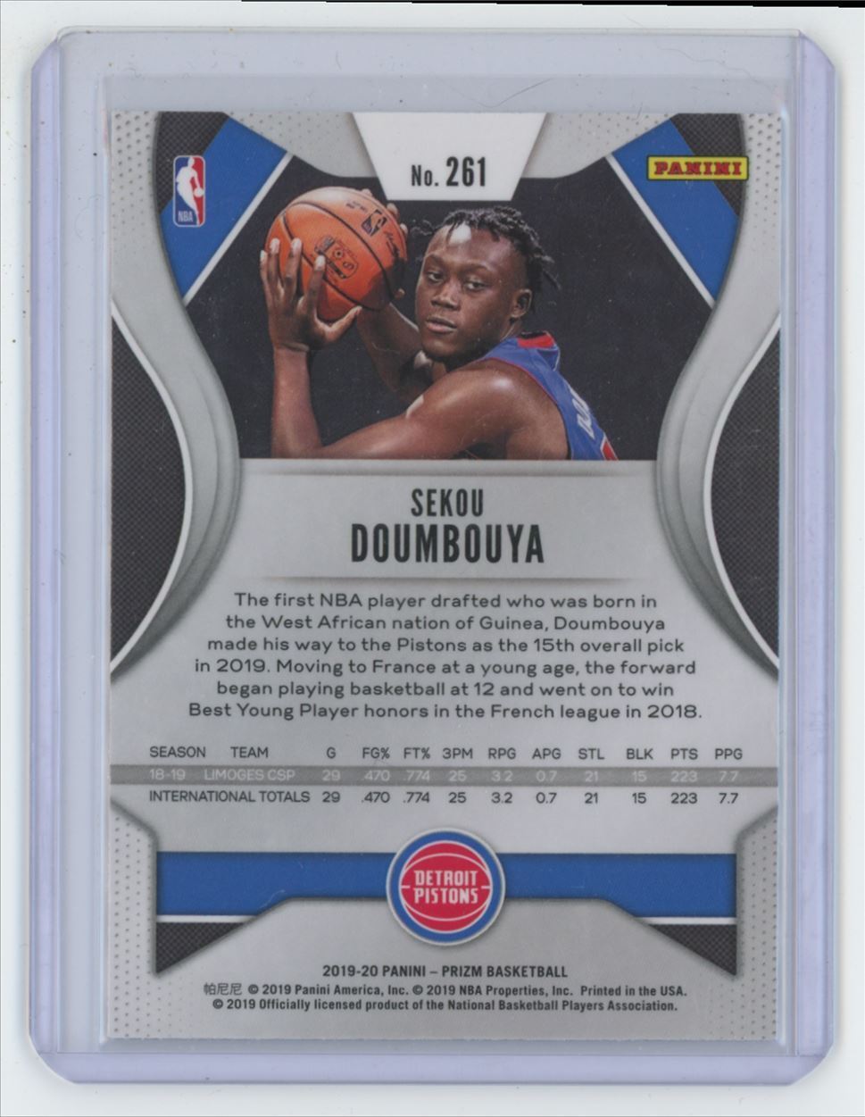 2019-20 Panini Prizm Basketball Card Sekou Doumbouya Rookie Detroit Pistons #261