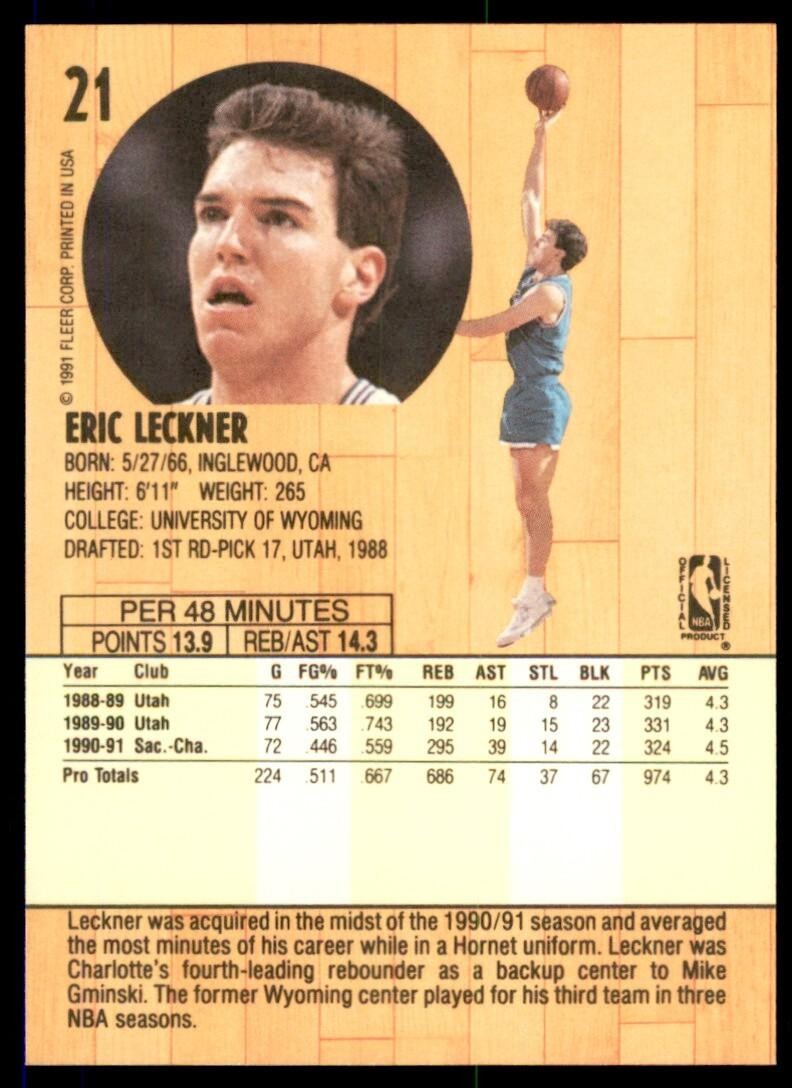 1991-92 Fleer Eric Leckner Basketball Cards #21