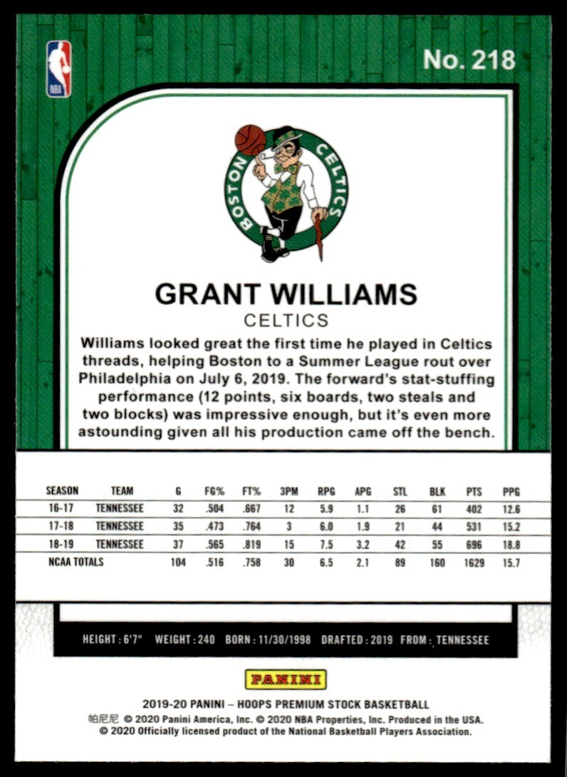2019-20 NBA Hoops Basketball Card Grant Williams Rookie Boston Celtics #218