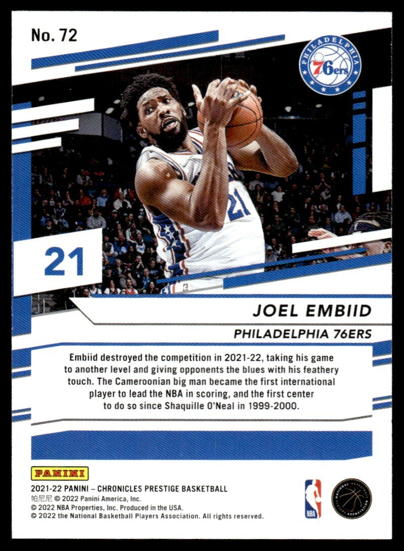 2021-22 Panini Prestige Basketball Card Joel Embiid A Philadelphia 76ers #72