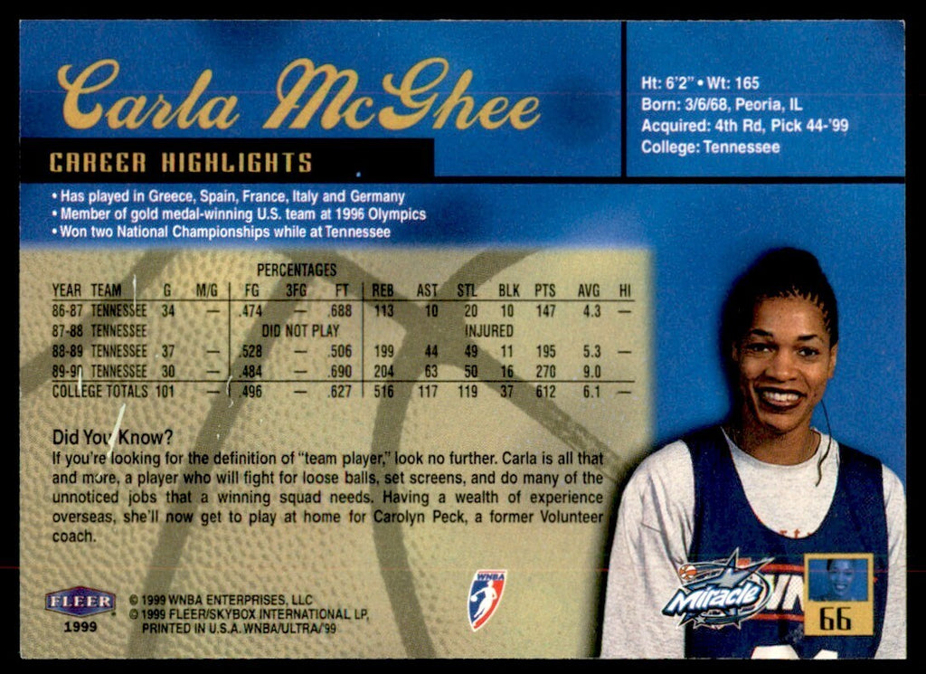 1999-00 Fleer Ultra WNBA Carla McGhee Basketball Cards #66