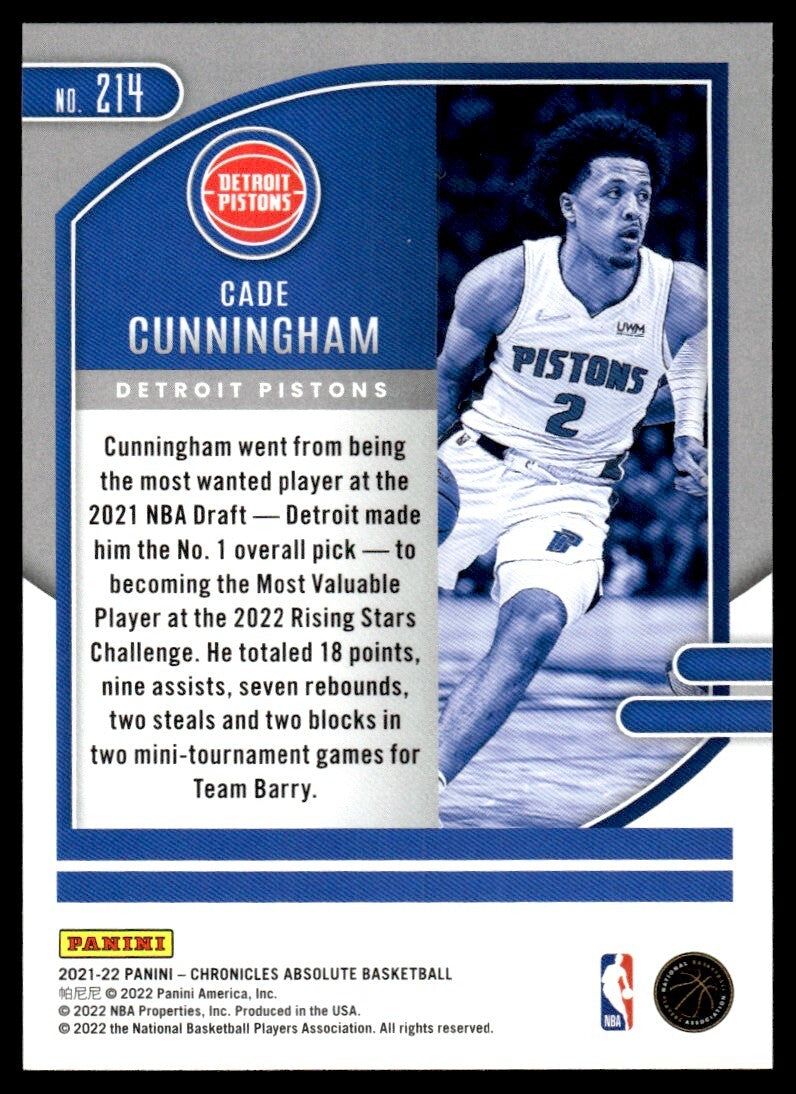2021-22 Panini Absolute Memorabilia Basketball Card Cade Cunningham Detroit