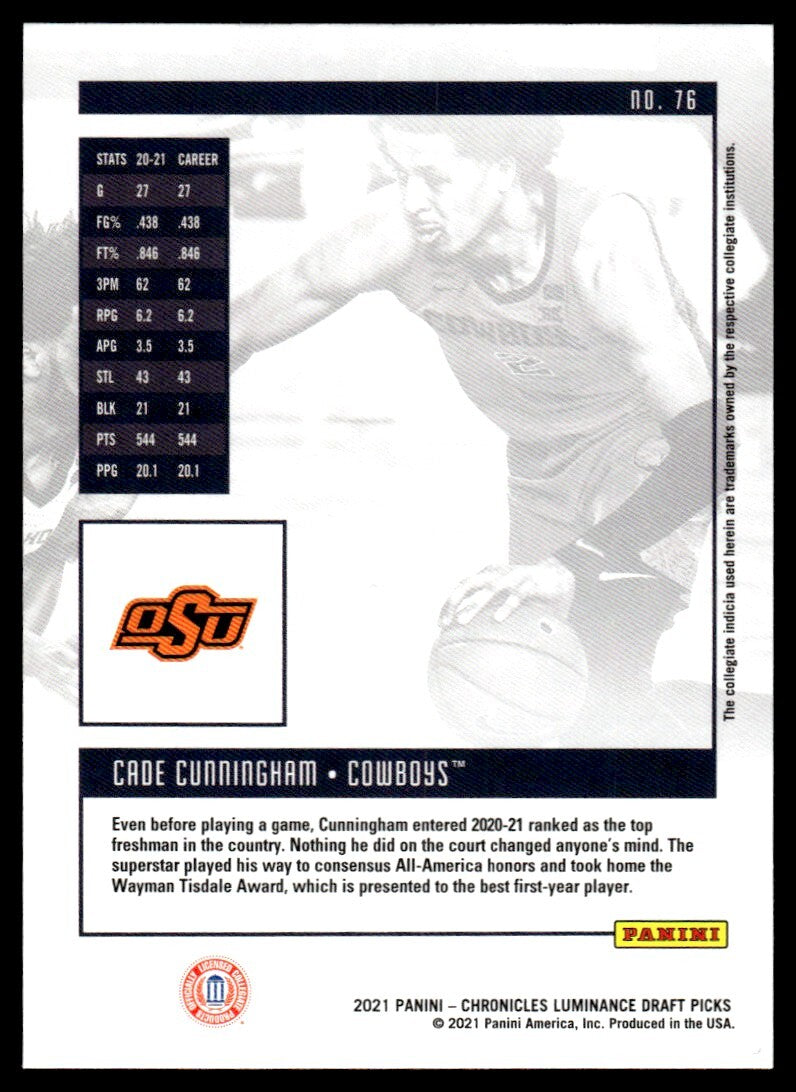 2021-22 Panini Luminance Basketball Card Cade Cunningham Rookie Oklahoma State