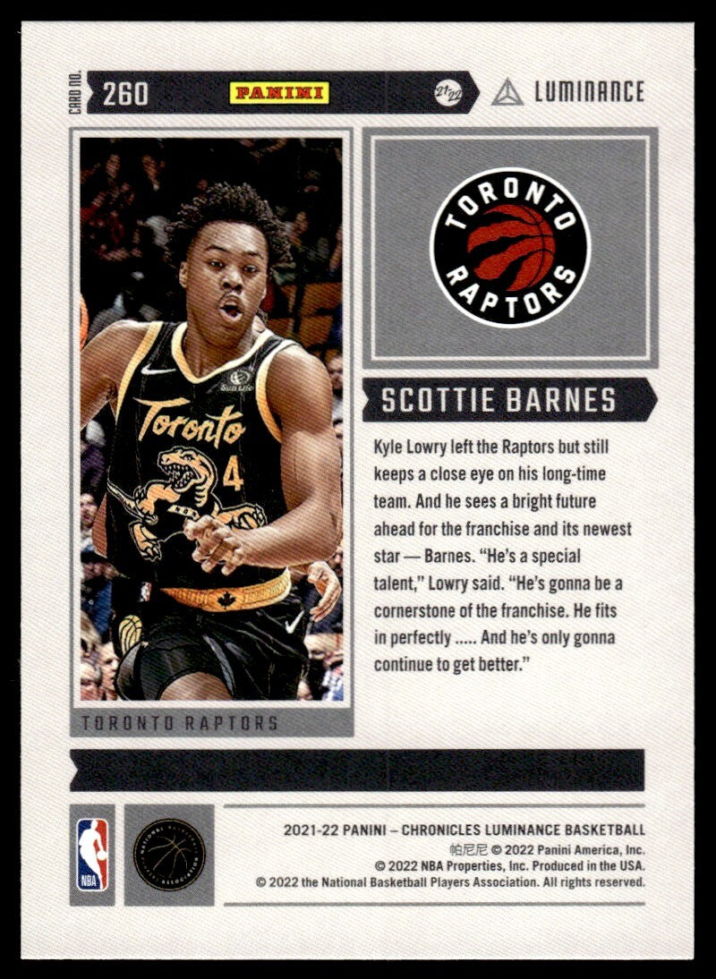 2021-22 Panini Luminance Basketball Card Scottie Barnes Toronto Raptors #260