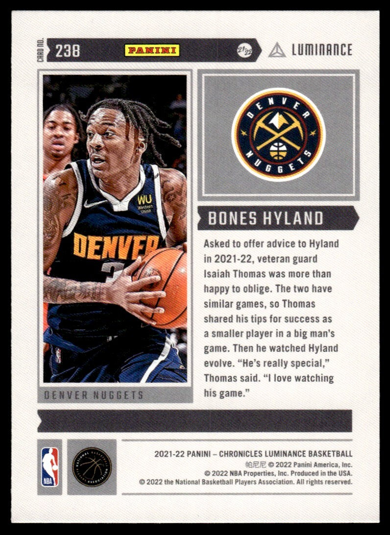 2021-22 Panini Luminance Basketball Card Bones Hyland Rookie Denver Nuggets #238