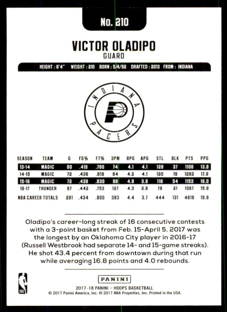 2017-18 Panini NBA Hoops Victor Oladipo Basketball Cards #210
