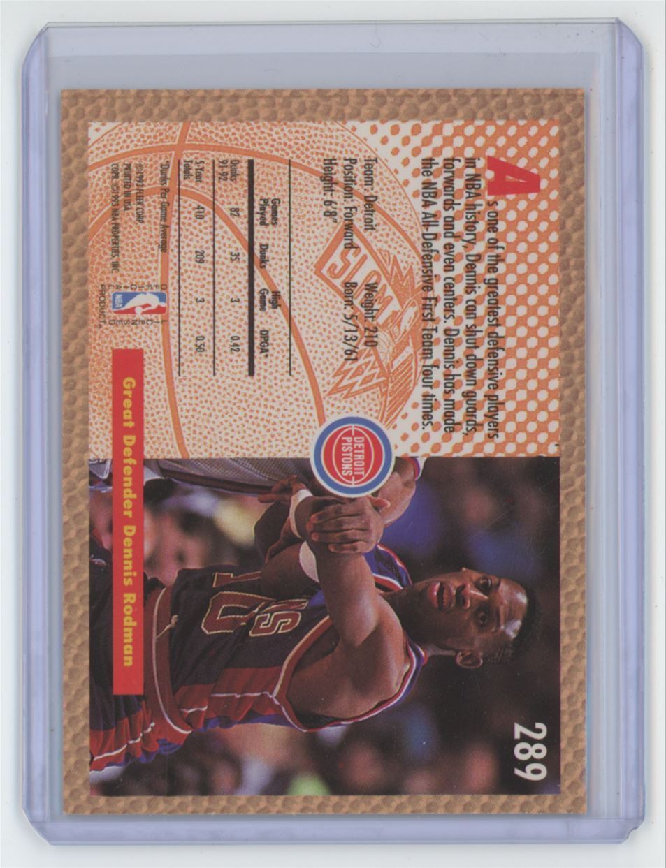 1992-93 Fleer Basketball Card Dennis Rodman A Detroit Pistons #289