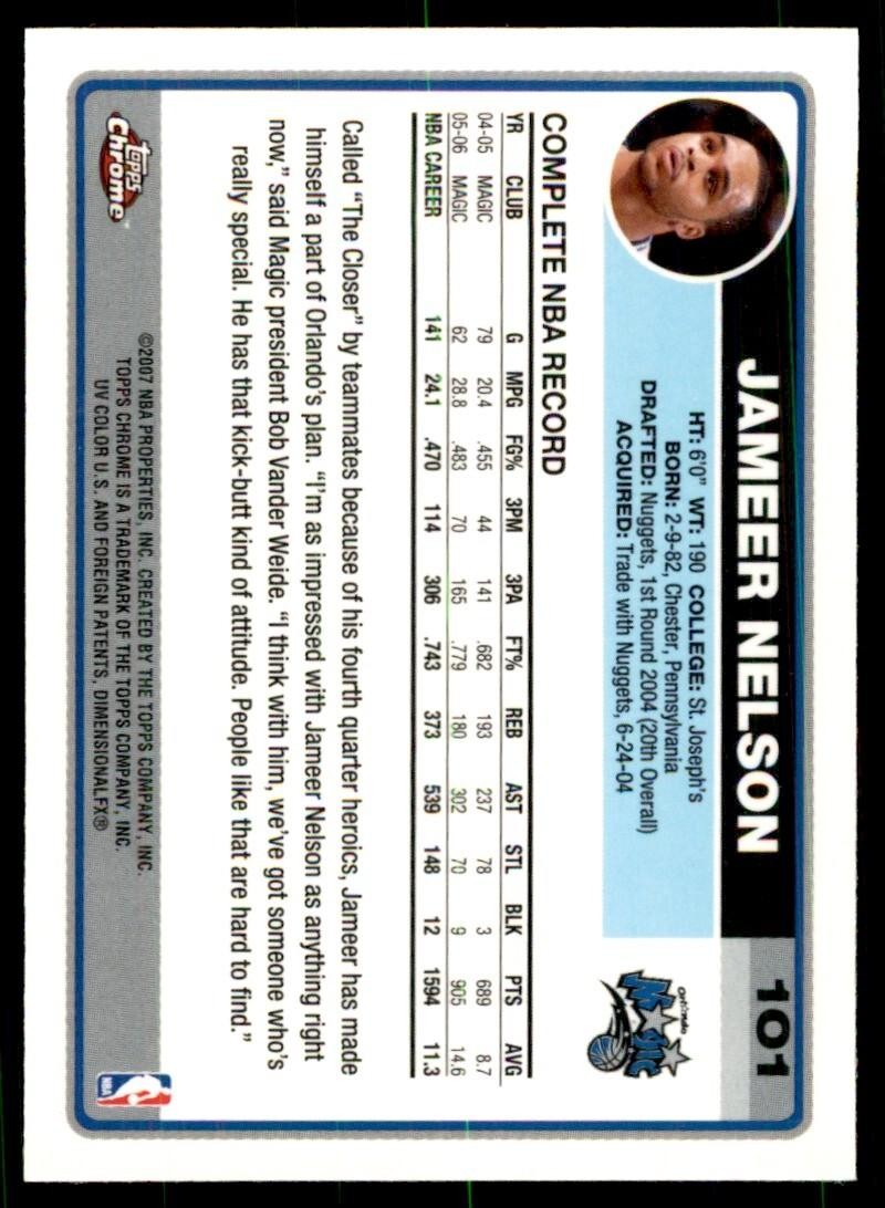 2006-07 Topps Chrome Jameer Nelson Basketball Cards. #101