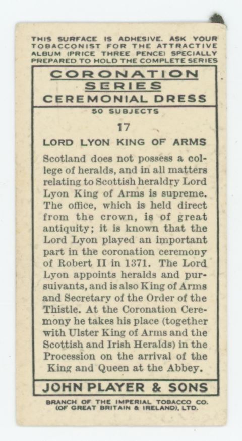 1937 Player's Cigarettes Coronation Series Lord Lyon King of Arms Ceremonial