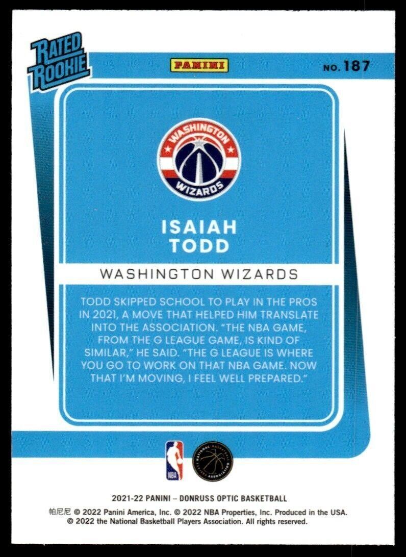 2021-22 Donruss Optic Basketball Card Isaiah Todd Rookie Washington Wizards #187