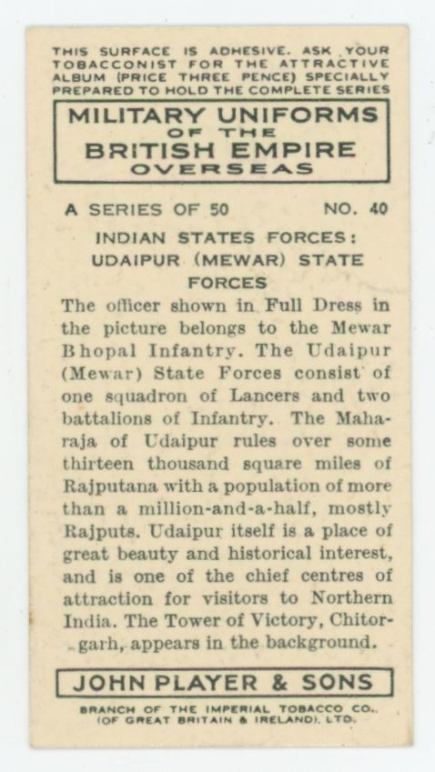 1938 Players Cigarettes Military Uniforms British Empire Udaipur State Force #40