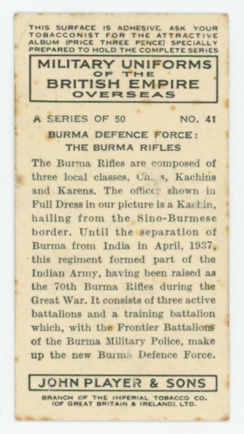 1938 Players Cigarettes Military Uniforms British Empire Burma Defence Force #41