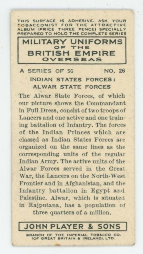 1938 Players Cigarettes Military Uniforms British Empire Alwar State Forces #26