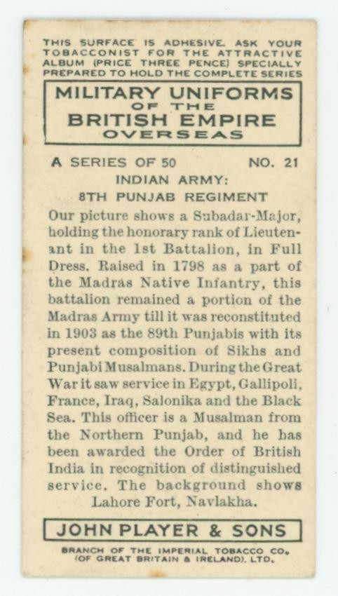 1938 Players Cigarettes Military Uniforms British Empire 8th Punjab Regiment #21